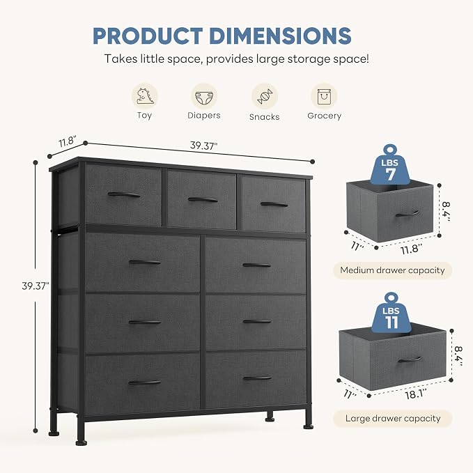 DUMOS Dresser for Bedroom, Dressers & Chests of Drawers Dresser Organizer, Wood Top Table Furniture with 9 Fabric Storage Tower Unit, Chest of Drawers for Closet, Living Room, Hallway, Porch - Image 3