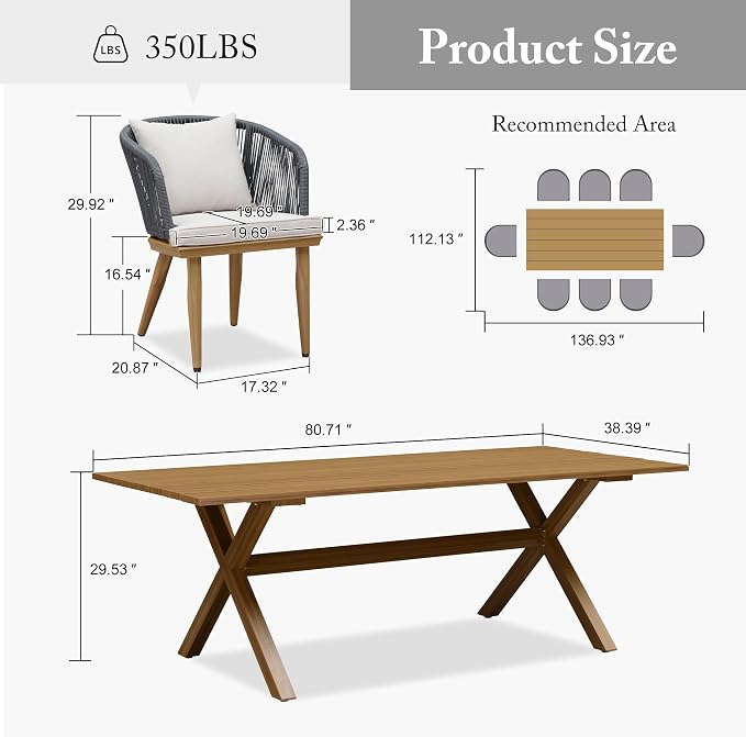 PURPLE LEAF 9 Pieces Patio Dining Set Wicker Outdoor Furniture Rectangular Table and Chairs Set for Garden Deck Teak-Finish Aluminum Frame Backyard Kitchen Set, Cushions and Pillows Included - Image 9