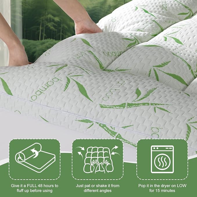 3 Inch Mattress Topper Queen Size, 1500GSM Down Alternative Fill, Viscose, Cooling Extra Firm Pillow Top, for Back Pain, 6"-18" Deep Pocket, 60" x80 (Sage Green, Queen)