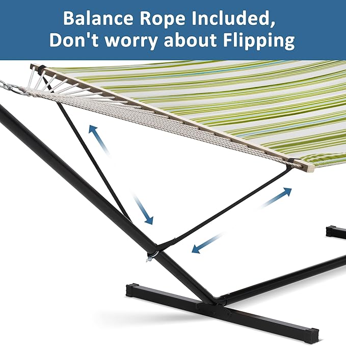 SUNCREAT Portable Double Hammock with Stand, 475 lbs Capacity, Heavy Duty Two Person Hammock with Stand Included, Green Stripe - Image 3