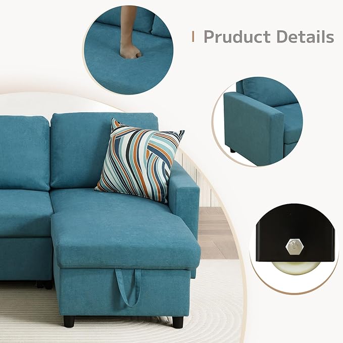 L-Shaped Sleeper Sofa with Chaise Lounge & Storage, Pull-Out Couch Bed with Recliner, Full Size Futon for Living Room, Office, Apartment Teal