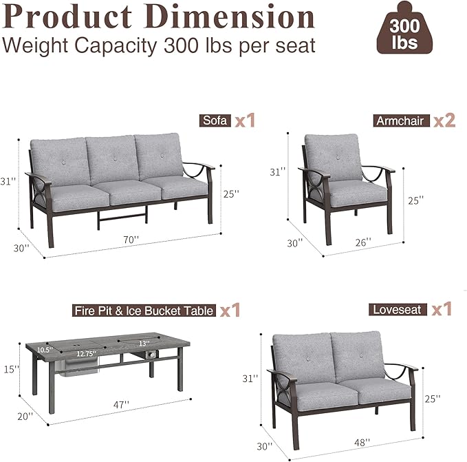 RoyalCraft Outdoor Patio Furniture Set, 5 Piece Patio Conversation Set with Fire Table and Ottomans, Metal Furniture Set for Porch Backyard Garden, Grey