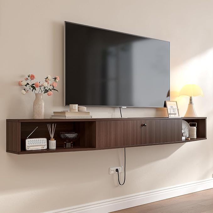 47 inch Floating TV Stand,Plywood Wall Mounted Entertainment Center with 1 Door & 2 Open Cabinets,Floating Media Console with Wire Holes,Hanging TV Shelf for Living Room, Bedroom Walnut - Image 7