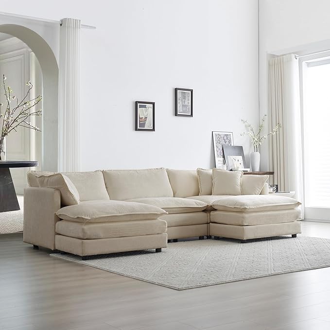 KEIKI Combination Sofa, Upholstered 5 Seater Couch, Oversized U Shaped Sectional Sofa with Reversible Ottoman for Living Room Bedroom Office, Beige