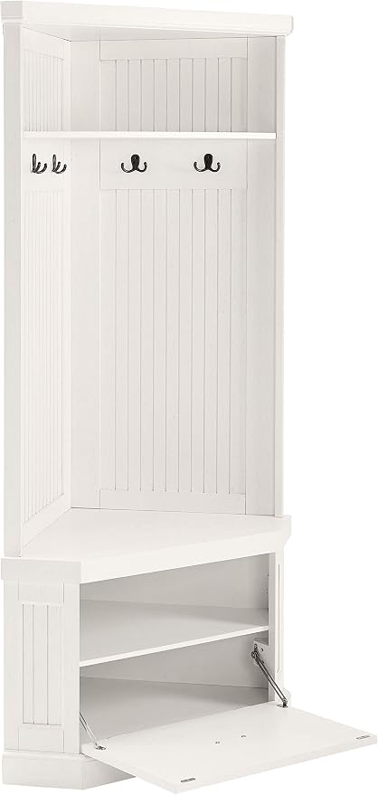 Crosley Furniture Seaside Corner Hall Tree with Shoe Rack Bench and Coat Hooks for Hanging Storage, Distressed White - Image 3