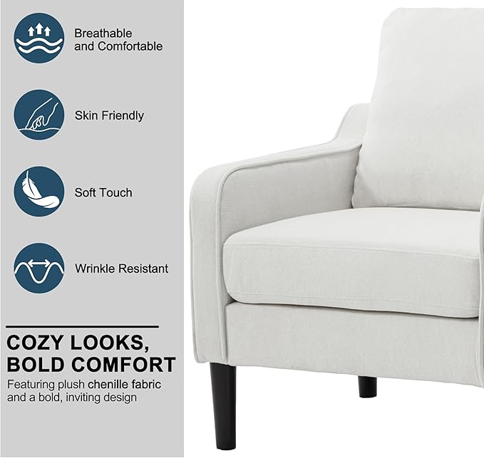 Ribilake Cream Accent Chair - Upholstered Armchair with Side Pockets, Comfy Living Room Arm Chair, Reading Accent Chairs for Bedroom, Living Room, Apartment, Office