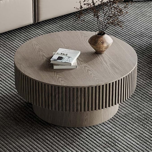 Round Coffee Table with Storage, Modern Wooden Coffee Table with Solid Wood Veneered, Circle Center Table Accent Tea Table for Living Room Apartment Small Space (31.5''L × 31.5''W × 14''H, Grey)