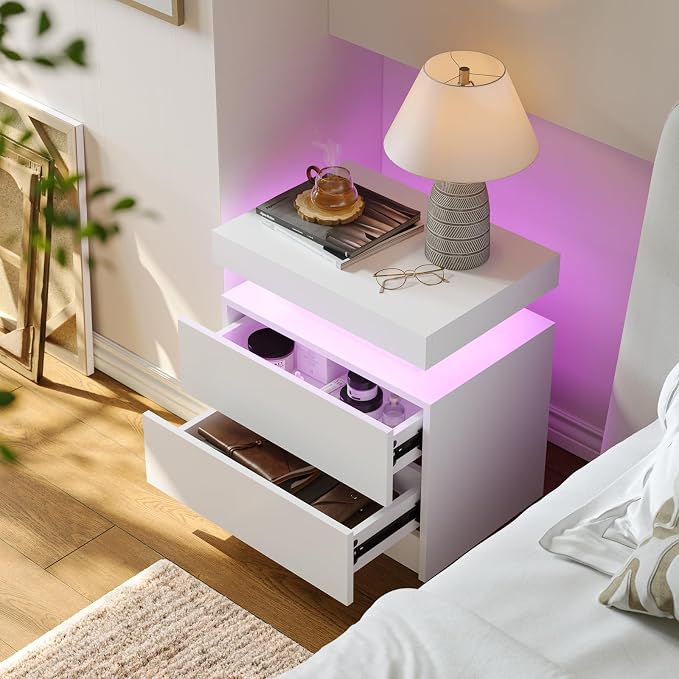 White LED Nightstand Modern Night Stand for Bedroom Bedside Table with 2 Wood Drawers End Side Table - Image 3