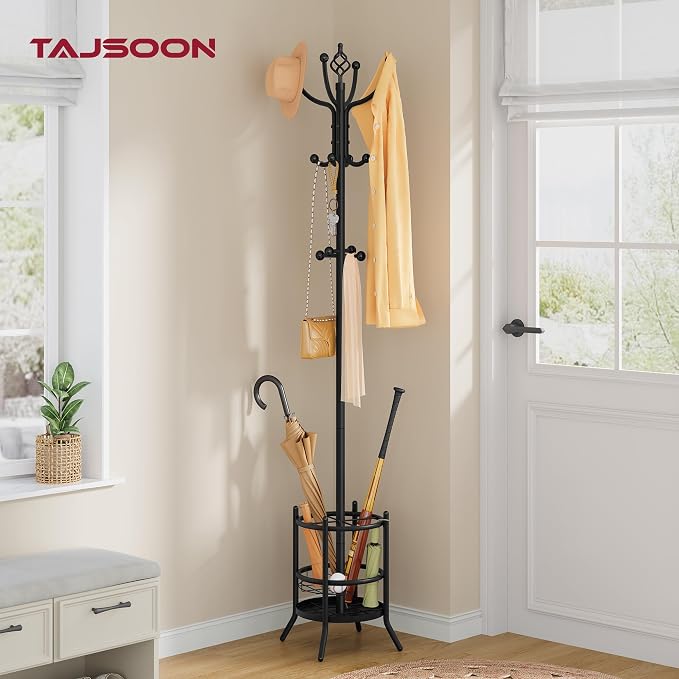 Tajsoon Coat Rack Stand with Umbrella Holder, Coat Tree Freestanding with 16 Hooks, Coat Hangers Stand for Living Room, Bedroom, Office, Black - Image 3