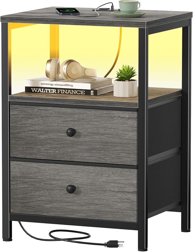 BOLUO Gray Nightstand with Charging Station, LED Night Stand with 2 Fabric Drawers, Bedside Table with USB Ports and Outlets, Nightstand for Bedroom Modern by BOLUO