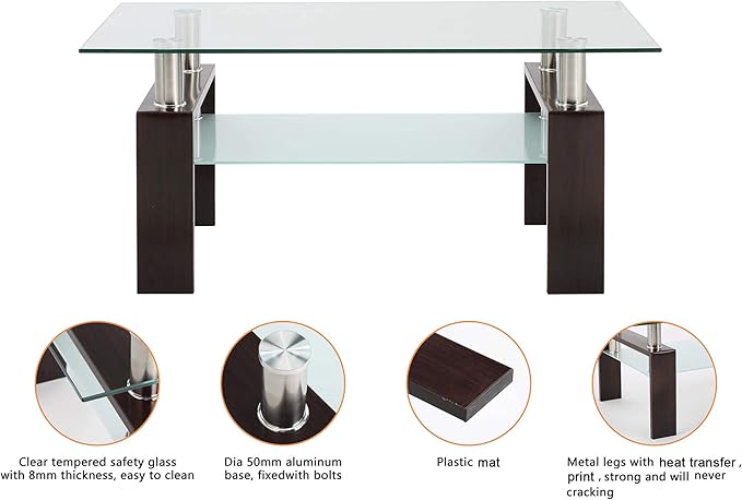 Tempered Glass Coffee Table for Living Room Furniture with 2 Tiers Size 1000X600MM (Walnut Black)