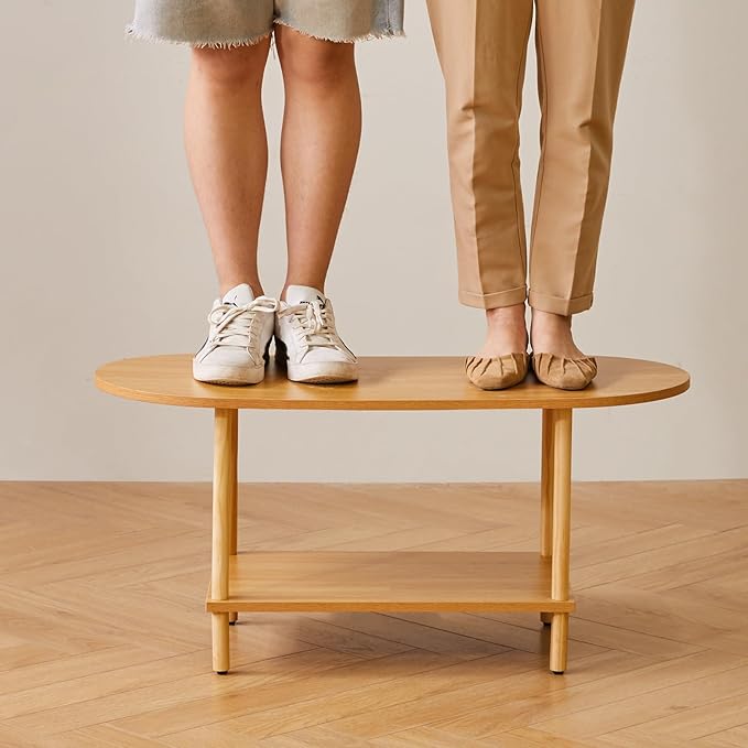 Wooden Tea Table Small Coffee Table, 2 Tier Coffee Table for Living Room, 35x16x17inch Tea Table Stand with Storage Shelf Natural Wood Color YD-012N