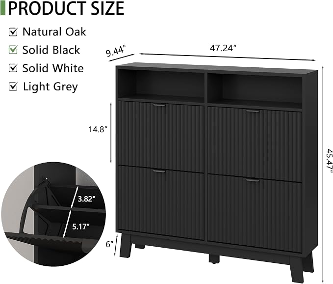 Xixini Shoe Cabinet with 4 Flip Drawers, 46" Tall Narrow Fluted Shoe Storage Organizer for Entryway, Hidden Slim Wooden Shoe Rack Cabinet for Front Door Entrance, Hallway, Living Room, Solid Black - Image 2