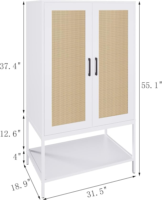 Wardrobe Closet,Rattan Bedroom Armoires with 2 Doors,Wooden Wardrobe Cabinet with Shelves and Hanging Rod for Clothes,White
