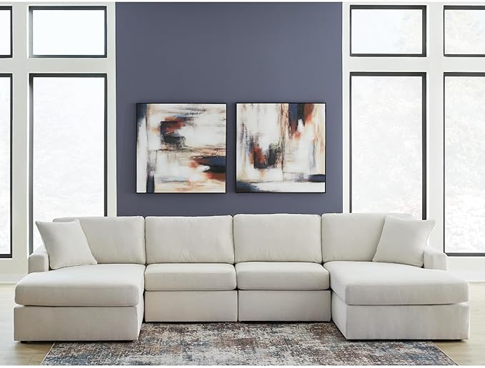 Signature Design by Ashley Modmax Stain Resistant Minimalist Modular Anti Sag 4-Piece Double Chaise Sectional with Loose Reversible Cushions and 2 Accent Pillows, White