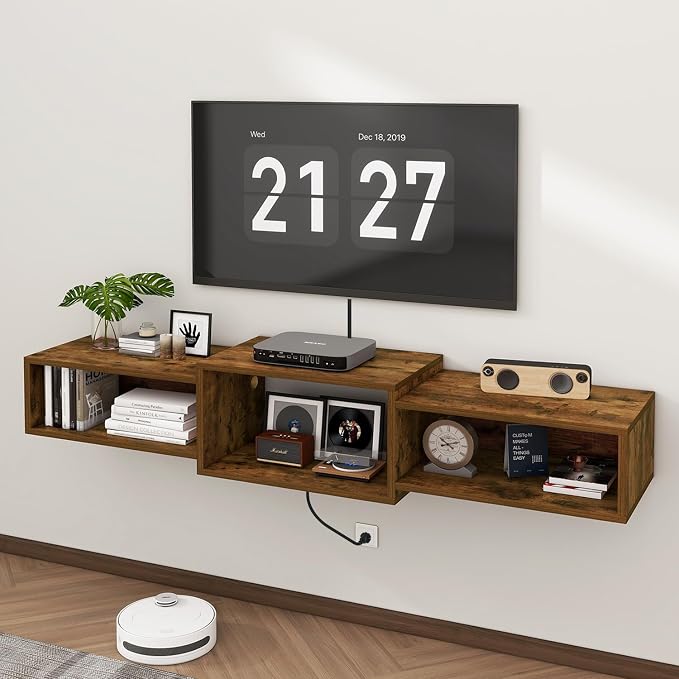 IBUYKE Floating TV Stand Wall Mounted with Power Outlet,Wood Wall Mounted Media Console Shelf,Floating Entertainment Center for Under TV Storage for Living Room Bedroom Office,Rustic Brown WST001H - Image 7