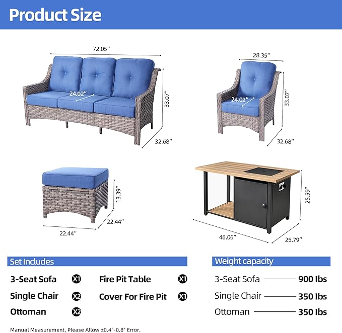HOOOWOOO 6 Piece Patio Furniture Sets with Fire Pit Table,Outdoor Wicker Furniture Set,All Weather Resistant Outside High Back Rattan Conversation Set for Out Door(Diamond Blue)
