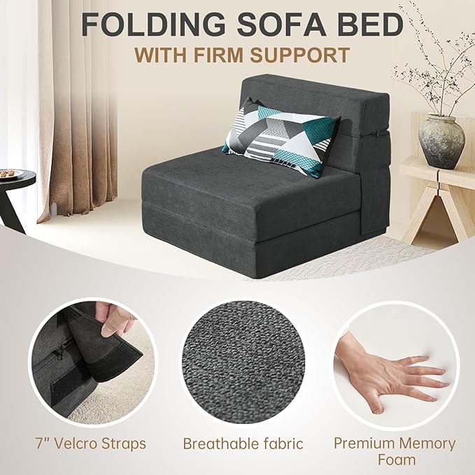 Folding Sofa Bed Single Size with Pillow Memory Foam Convertible Sleeper Chair Floor Couch Futon Lazy for Living Room Home Office Guest Beds Apartment Upstairs Loft, Dark Gray