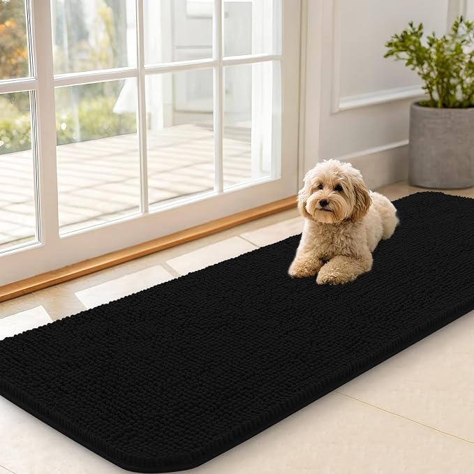 OLANLY Dog Door Mat for Muddy Paws 59x20, Absorbs Moisture and Dirt, Absorbent Non-Slip Washable Doormat, Quick Dry Chenille Mud Mat for Dogs, Entry Indoor Entryway Carpet for Inside Floor, Black by OLANLY