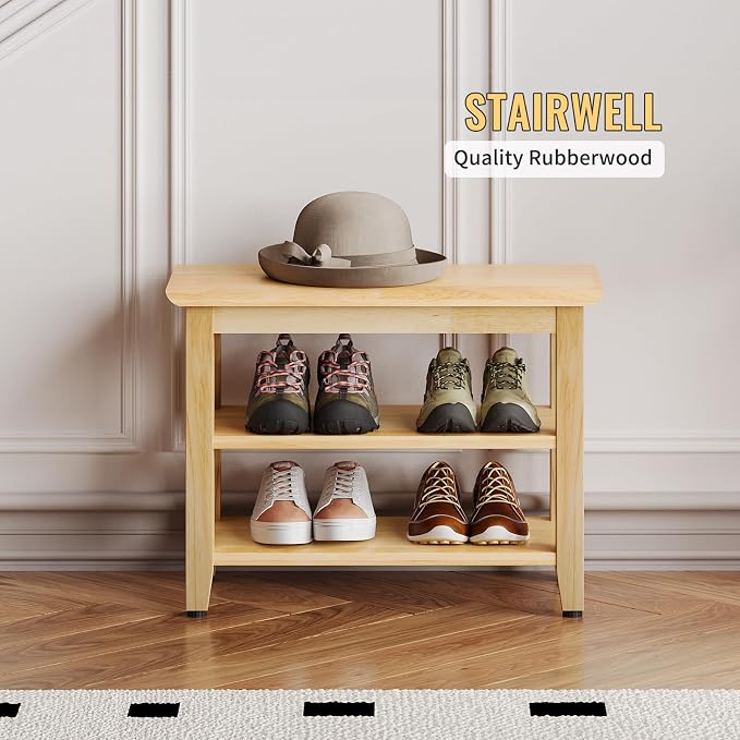 Wood Shoe Bench for Entryway,Bench with Shoe Rack,Storage Shoe Organizer for Hallway,Living Room,Bedroom (Natural, 23.62''W×11.81‘’D×17.71‘’H) - Image 9
