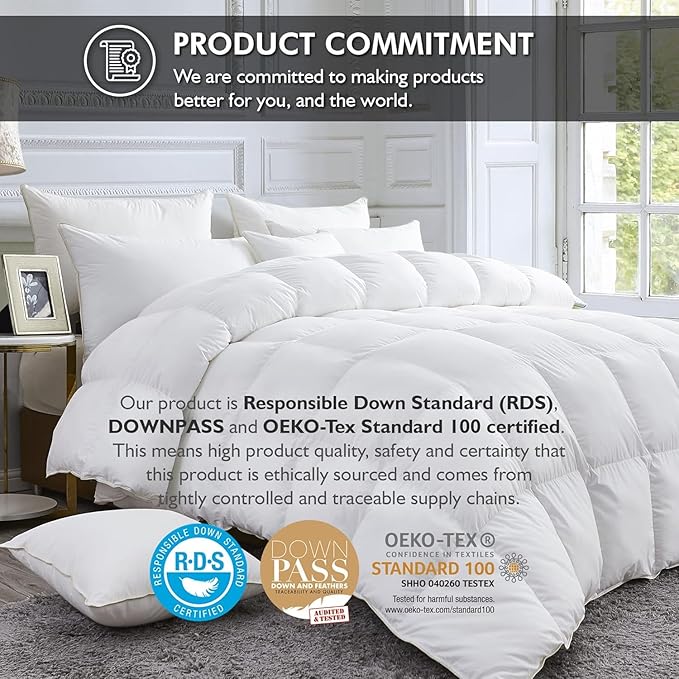 Luxurious White Solid Medium Weight, Super King Size Goose Feathers Down Comforter for All-Season, 120 X 120 inches, Premium Baffle Box, 100% Egyptian Cotton Cover, 85 oz. Fill Weight