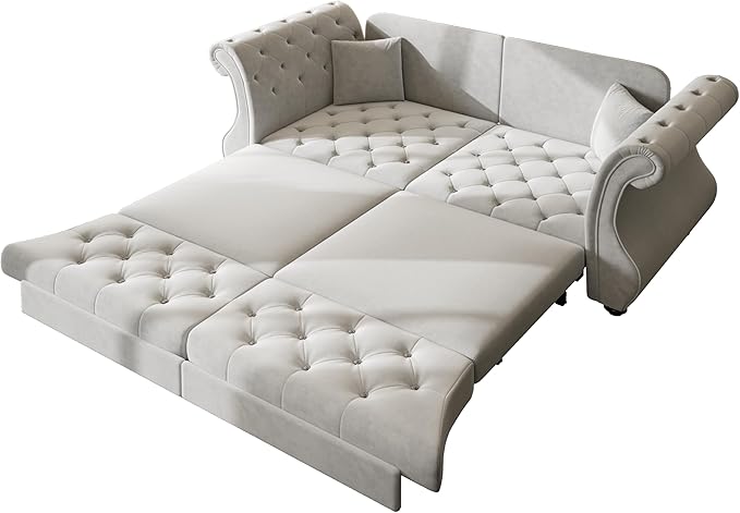Eafurn Oversized 3-Seater Chesterfield Loveseat Convertible Queen Size Sleeper Couch Bed,Classic Tufted Velvet Pull Out Loveseat Sofa Bed with Roll Armrest and Solid Wood Legs