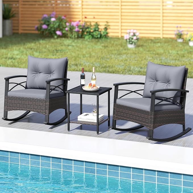 Tangkula 3 Pieces Outdoor Rocking Chairs Set, Rattan Heavy Duty Cushioned Rocker Chairs with 2-Tier Tempered Glass Coffee Table, for Garden, Balcony, Backyard (Gray) - Image 3
