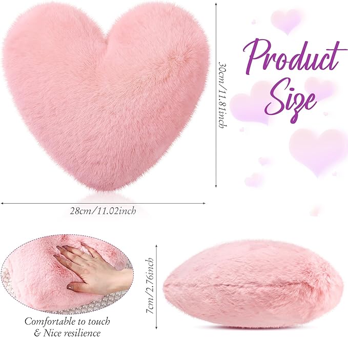 Marsui 2 Pcs Heart Throw Pillows, Soft Fluffy Faux Fur Decorative Hearts Shaped Pillows for Living Room Sofa Bed, Cute Heart Themed Gift for Women(Pink, Purple,11.81 x 11.02 Inch)