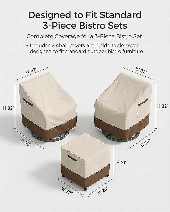 Patio Furniture Covers Set for 3-Piece Bistro Sets, Heavy-Duty 600D Waterproof Outdoor Furniture Covers for 2 Chairs&Side Table,UV Resistant, All-Season Protection for Patio,Porch Backyard,Beige&Brown - Image 3