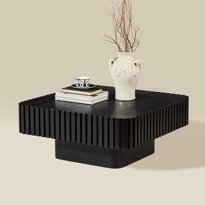 WILLIAMSPACE 31.5" Square Coffee Table with Sturdy Base, Modern Luxury Wood Drum Center Table Accent End Side Table for Living Room, Minimalist Fluted Design, Black