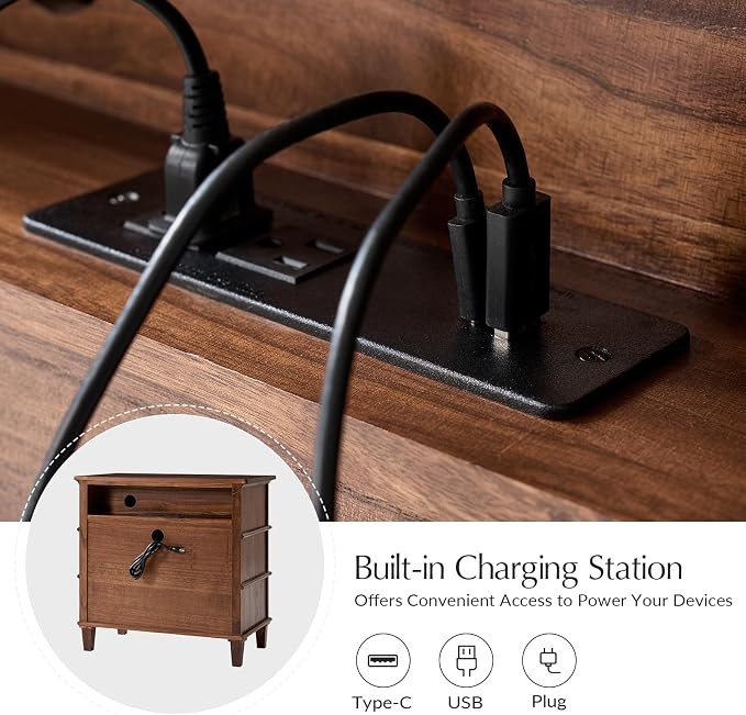 HULALA HOME Farmhouse End Tables Set of 2 with 3 Drawers, Paulownia Solid Wood Side Table with Vintage Knobs, Ancient End Table with Charging Station, Easy Assembly, Walnut - Image 5