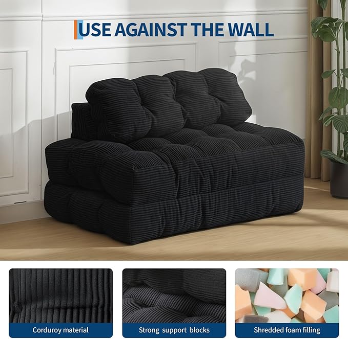 Garvee Folding Sofa Bed, Convertible Sleeper Chair with Pillow Foldable Mattress with Back Support, Boneless Fold Out Chair Bed Comfy Floor Sofa Lounge for Living Room, Bedroom, Black, Full