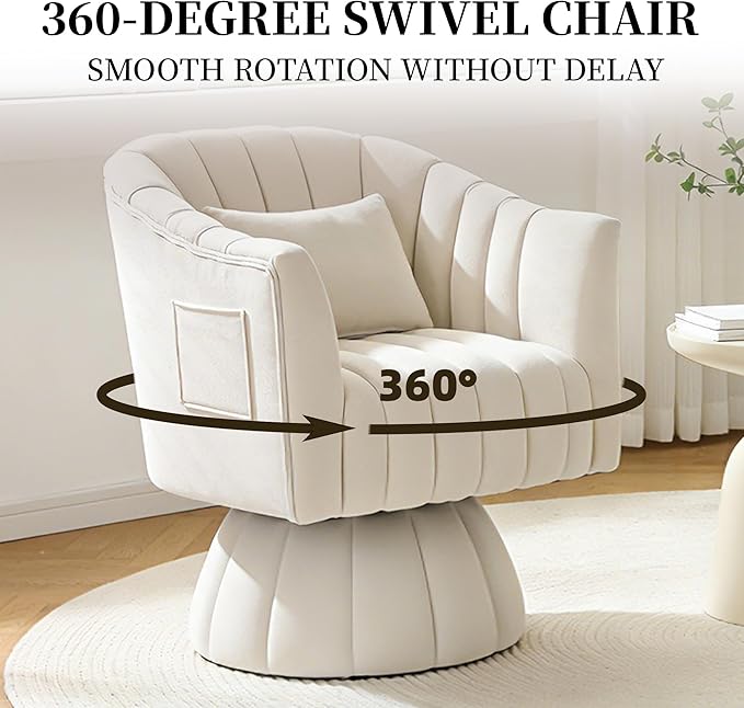 ClinQ Swivel Barrel Chair with Pillow & Side Pocket Set of 2, 360° Cloud Velvet Round Swivel Accent Chair, Cuddle Reading Lounge Chair for the Living Room, Bedroom, Office, White-Vertical Stripes