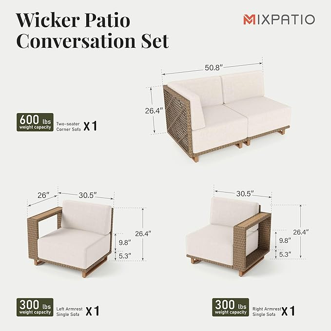 Outdoor Patio Furniture Set, 4 Piece Outdoor Rattan Wicker Modular Sofa Couch Set, Sectional Conversation Set with 10" Extra Thick Cushions for Deck Backyard Lawn