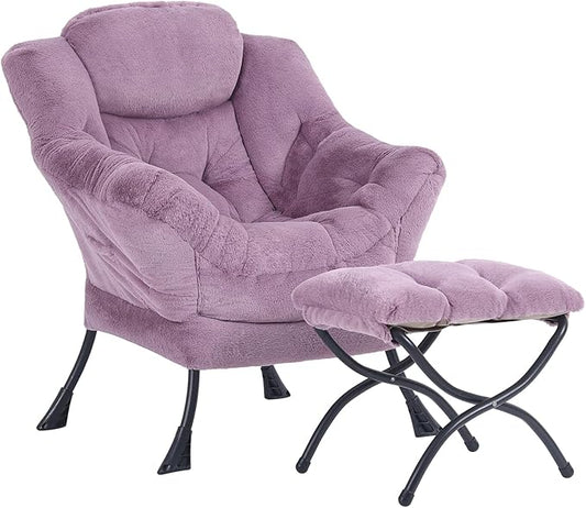 Plush Lazy Chair and Ottoman, Large Purple Plush Contemporary Accent Chair with Side Pocket, Modern Leisure Upholstered Reading Armchair with Footrest for Bedroom, Living Room, Balcony