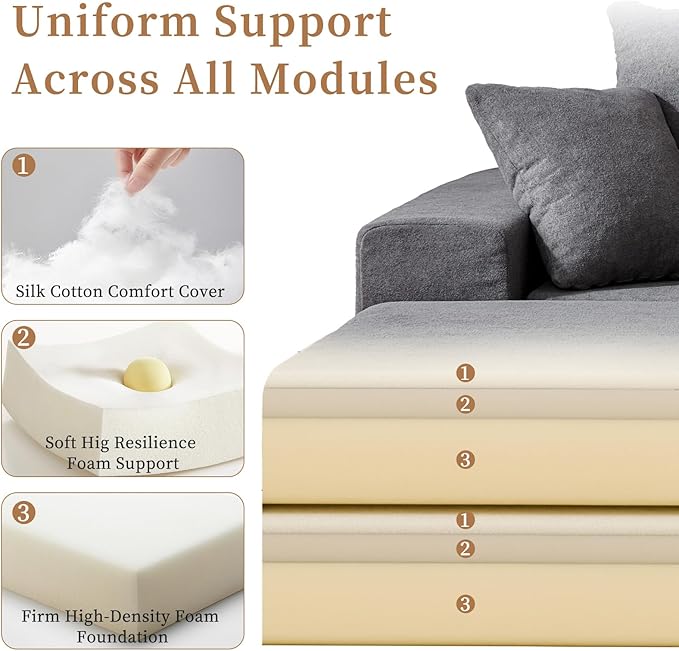 108'' Modular Sectional Couch, Modern 3-Seater Boneless Cloud Sleeper Sofa, L-Shaped Convertible Sectional with Non-Slip Bottom, No Assembly Required, Deep Seats Couch for Living Room, Grey