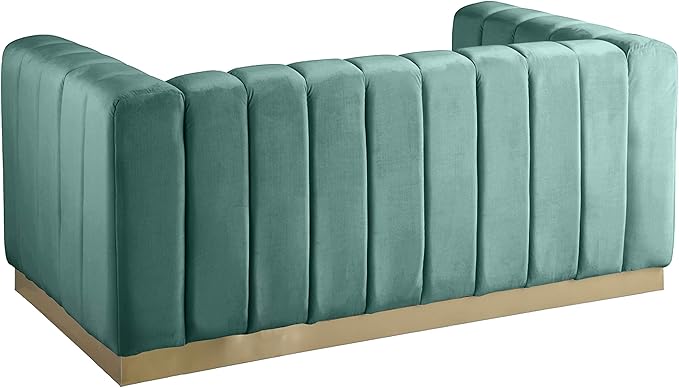 Meridian Furniture 603Mint-L Marlon Collection Modern | Contemporary Velvet Upholstered Loveseat with Deep Channel Tufting, Stainless Steel Base in a Brushed Gold Finish, Mint, 62.5" W x 34" D x 28" H