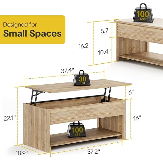 Fluted Lift Top Coffee Table for Living Room, Small Coffee Table with Storage Hydraulic Lift Large Capacity, Sturdy Legs Safe Round Corner, Easy Assembly for Small Spaces, Horizontal Grain-Natural