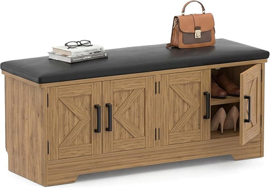Farmhouse Shoe Storage Bench with Cushion - 43.3" Entryway Bench with Storage & 4 Barn Doors, 2-Tier Wooden Shoe Rack Bench, Shoe Cabinet & Mudroom Bench for Bedroom Hallway Living Room, Brown Oak by Armocity