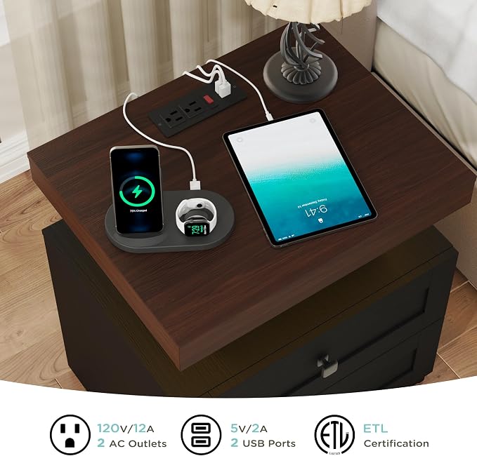 MHOM Farmhouse LED Nightstand Set of 2, Wood Bedroom Side Table with Charging Station, Rustic End Table with Drawers for Bedroom, Antique Black - Image 5