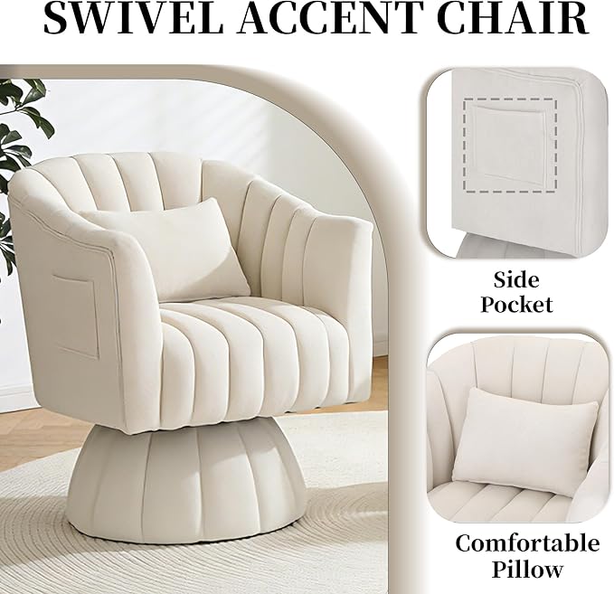 ClinQ Swivel Barrel Chair with Pillow & Side Pocket Set of 2, 360° Cloud Velvet Round Swivel Accent Chair, Cuddle Reading Lounge Chair for the Living Room, Bedroom, Office, White-Vertical Stripes