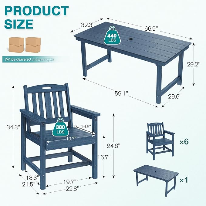 Mdeam 7-Piece HIPS Outdoor Dining Set, 66.9" Patio Table with Umbrella Hole, 440LBS Capacity, 6 Wider Chairs, Dining Table Set for 6, Indoor Outdoor Furniture with Galvanized Steel Frame, Navy Blue - Image 2