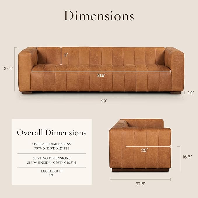 Poly & BARK Canale 99” Sofa – Modern 3-Seater Couch for Living Rooms – Performance Fabric Upholstery, High-Density Foam Cushions, Tapered Legs, Minimal Assembly – Cognac Tan