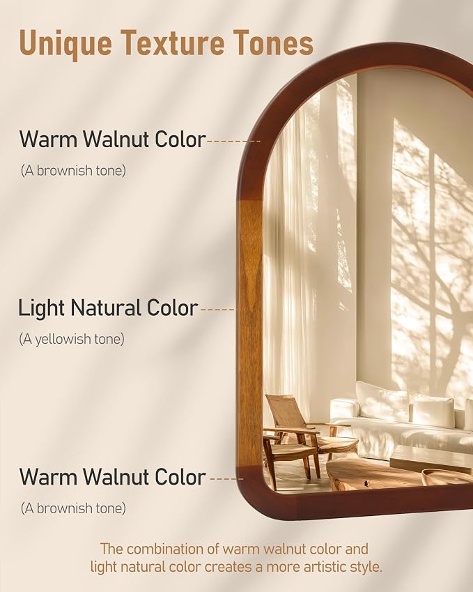 Arched Mirror 24 x 36 Inch,Brown Wood Rustic Bathroom Tempered Wall Mirror with Wood Frame,Round Corner Arch Farmhouse Wooden Vanity Mirror for Living Room,Entryway or Bedroom（Walnut Brown） - Image 8