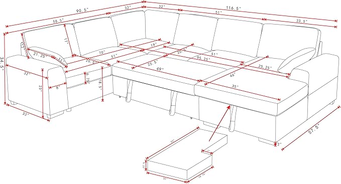 Eafurn Oversized U Shaped Convertible Sleeper Sectional Sofa w/Pull Out Couch Bed, 6 Seater Corduroy Upholstered Corner Lounge Sofa Couch Sleeper Sofabed w/Storage Chaise,Shelves