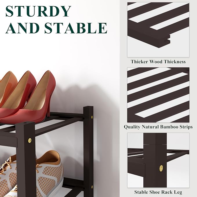 Smiry Bamboo Shoe Rack for Closet, 6 Tier Small Wooden Stackable Shoe Organizer, Free Standing Shoes Storage Shelf for Entryway, Front Door Entrance, Brown - Image 2
