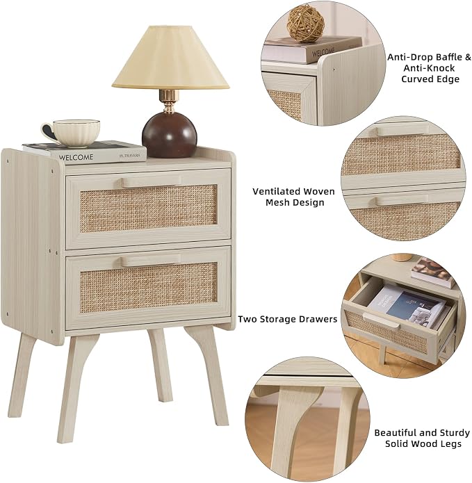 Lerliuo Rattan Night Stand, Boho 2 Drawers Nightstands, Grey White Bed Side End Tables with Solid Wood Legs, Bedside Table for Bedroom, Dorm and Small Spaces - Image 4