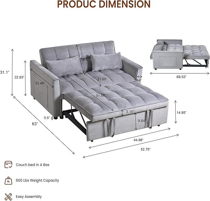 63" Sleeper Sofa with Pull-Out Bed, 3-in-1Folding Convertible Loveseat Sofa Bed with Side Pockets, Adjustable Backrest, Premium Velvet Fabric Futon Couches for Living Room
