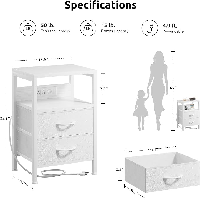 Lazzanto NightStand Bedside Charging Table Bedroom - Night Stand with Charger Station, White Modern Bed Side End Table with Open Shelf & 2 Fabric Drawers, USB-C Port & AC Outlets for Dorm, Living Room - Image 2
