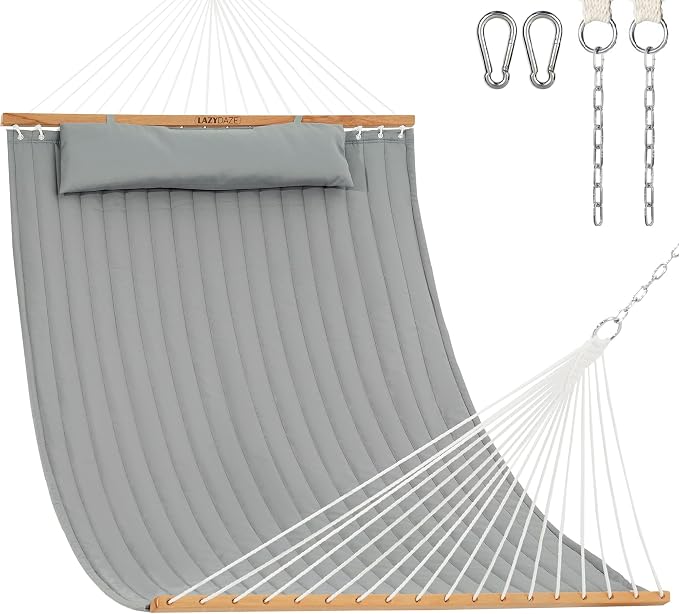 Lazy Daze Hammocks 12 FT Double Quilted Fabric Hammock with Spreader Bar and Detachable Pillow, 2 Person Double for Outside Patio Backyard, 450lbs Capacity, Light Gray by LazyDazeHammocks